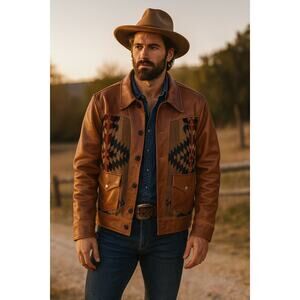 Vintage Men’s Leather Wool Navajo Jacket Western Southwestern Large